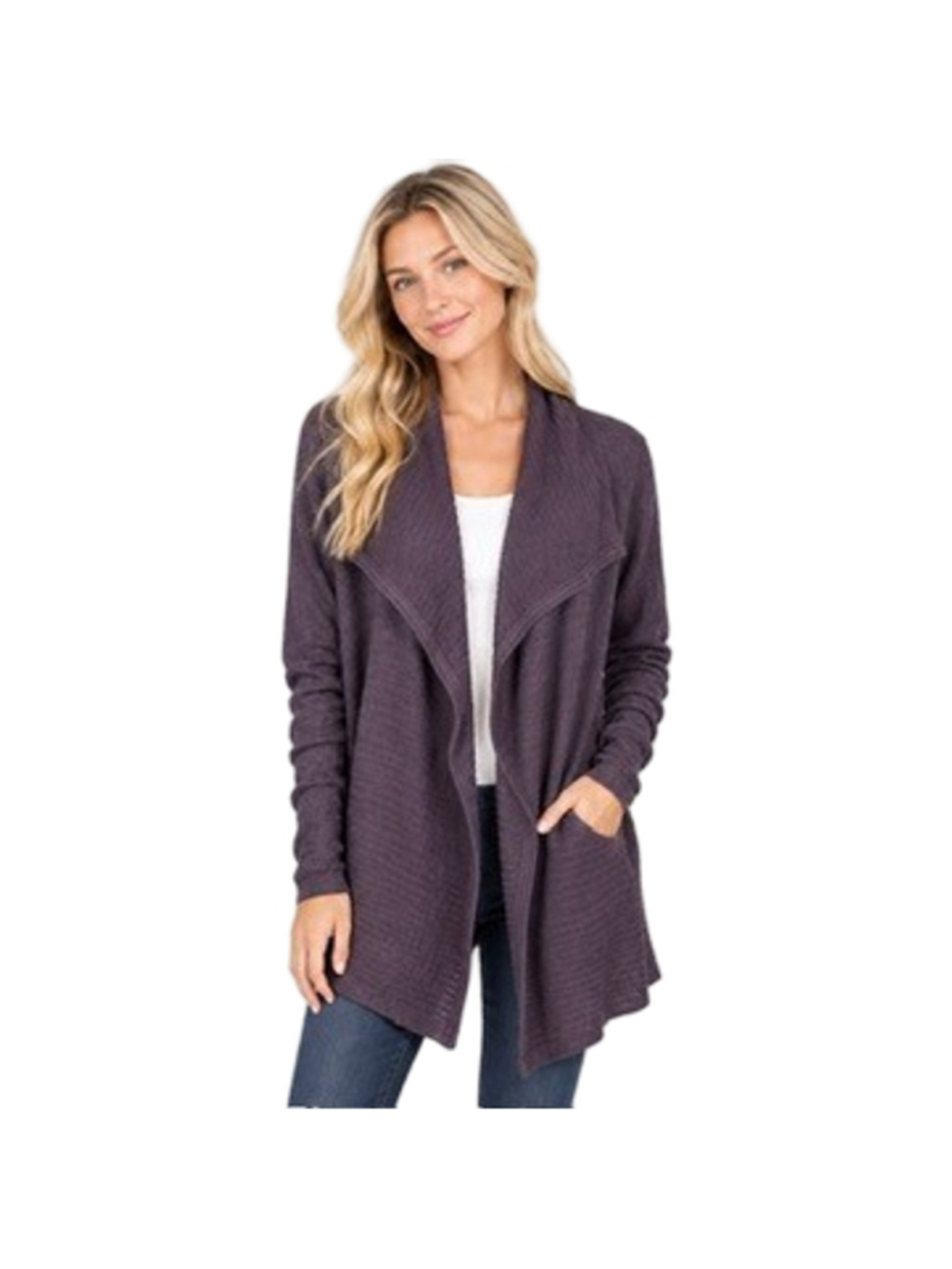 Eileen Fisher 100% Silk Basketweave Knit Cardigan Draped Open Front Purple SZ M